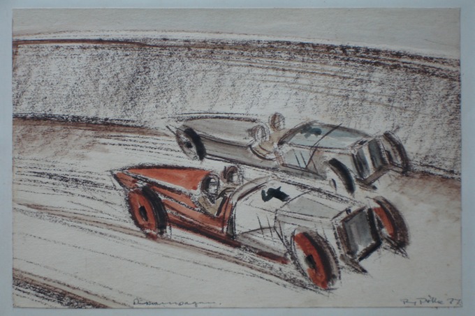 "Racing Cars" Germany 1927 Charcoal & Watercolor