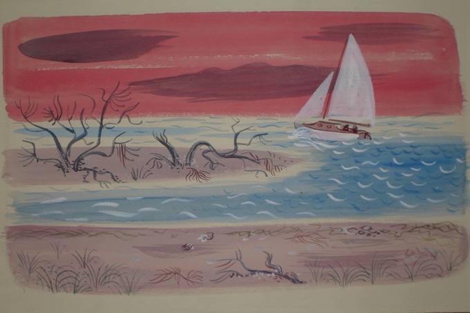 Sailing off Sandbar at Sunset  (Watercolor) 1940-50's